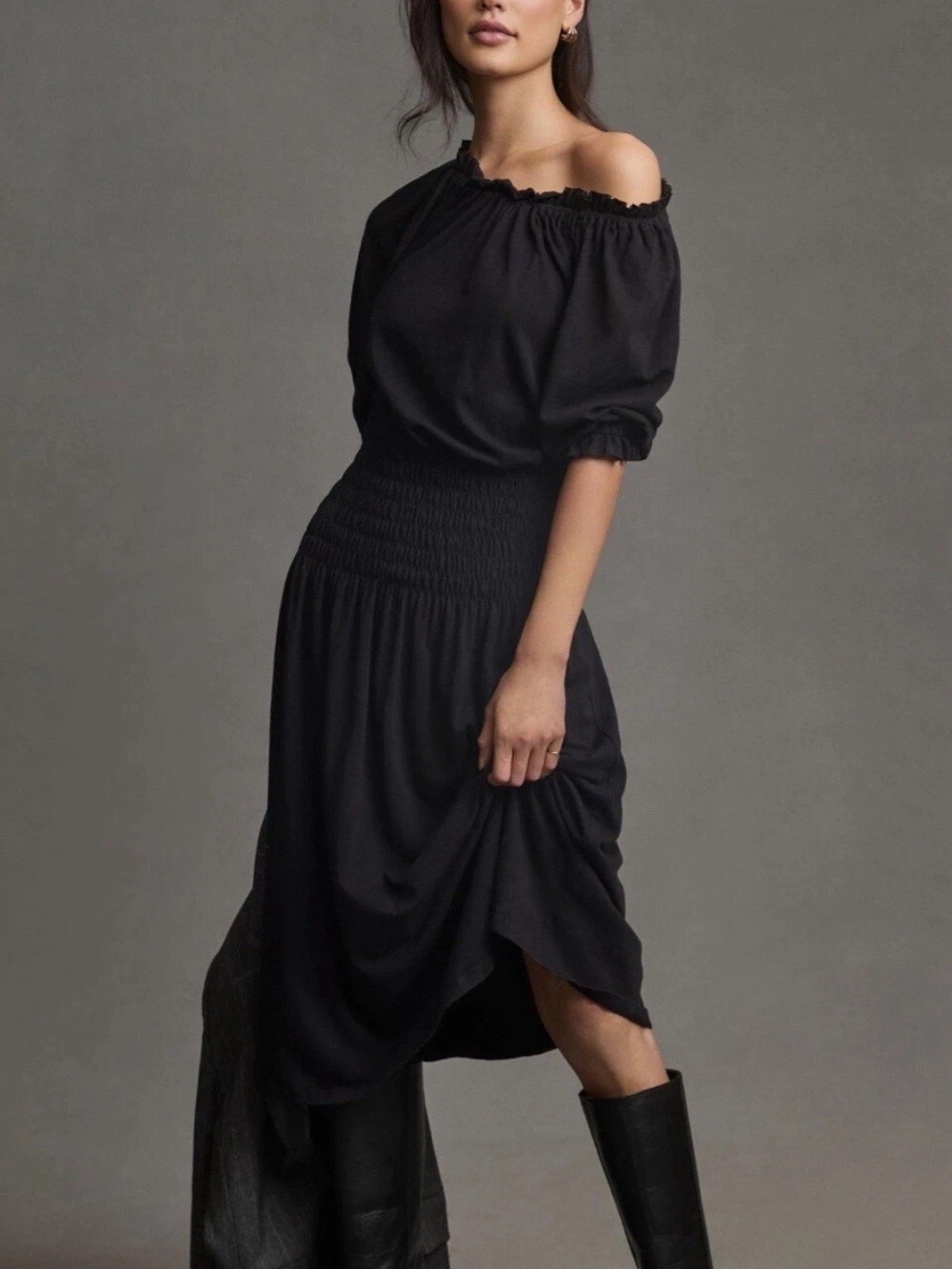 Sundry Off-Shoulder Black Smocked-Waist Midi Dress